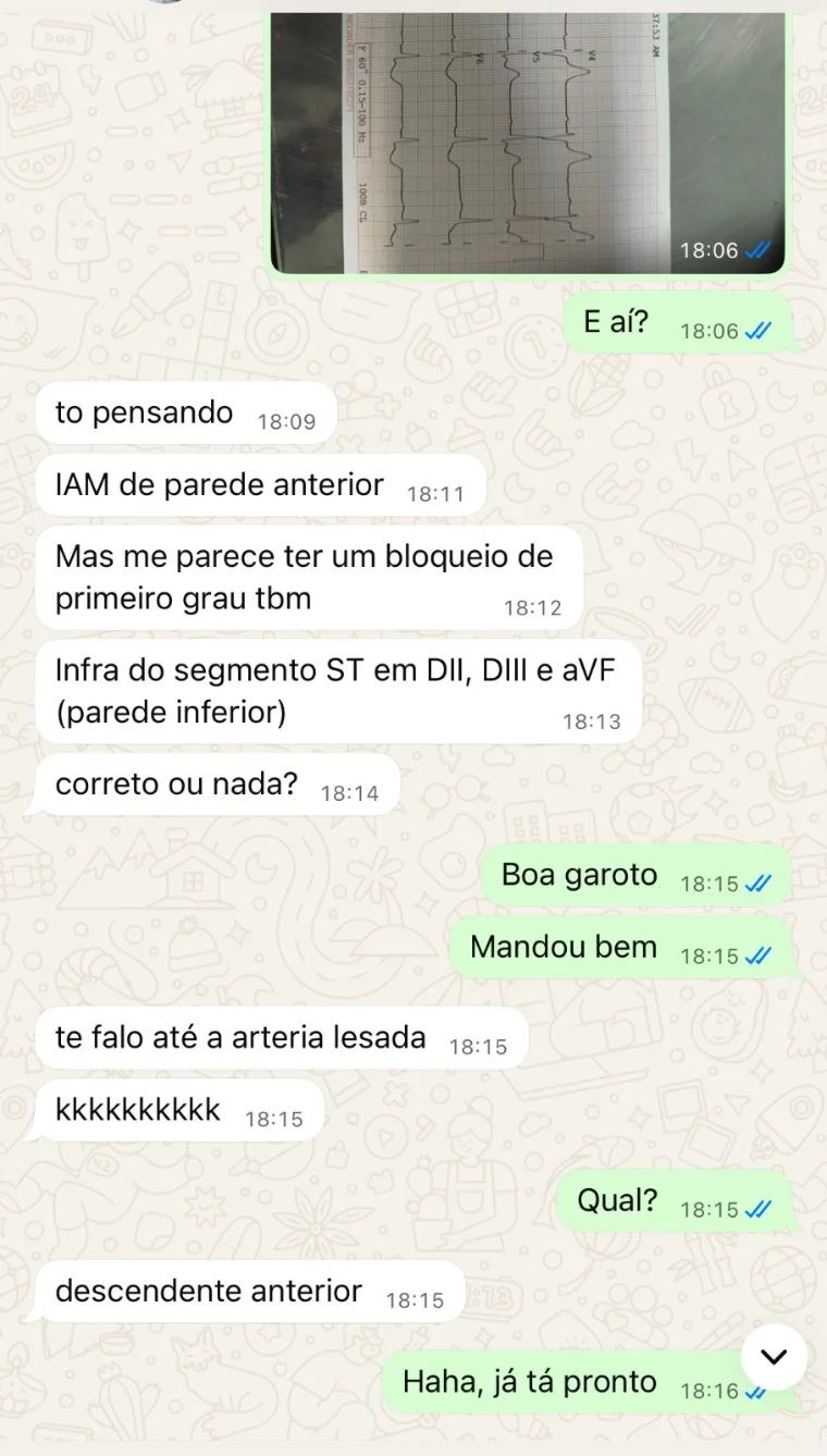 Conversa de aluno sobre a leitura de ECG no plantão
